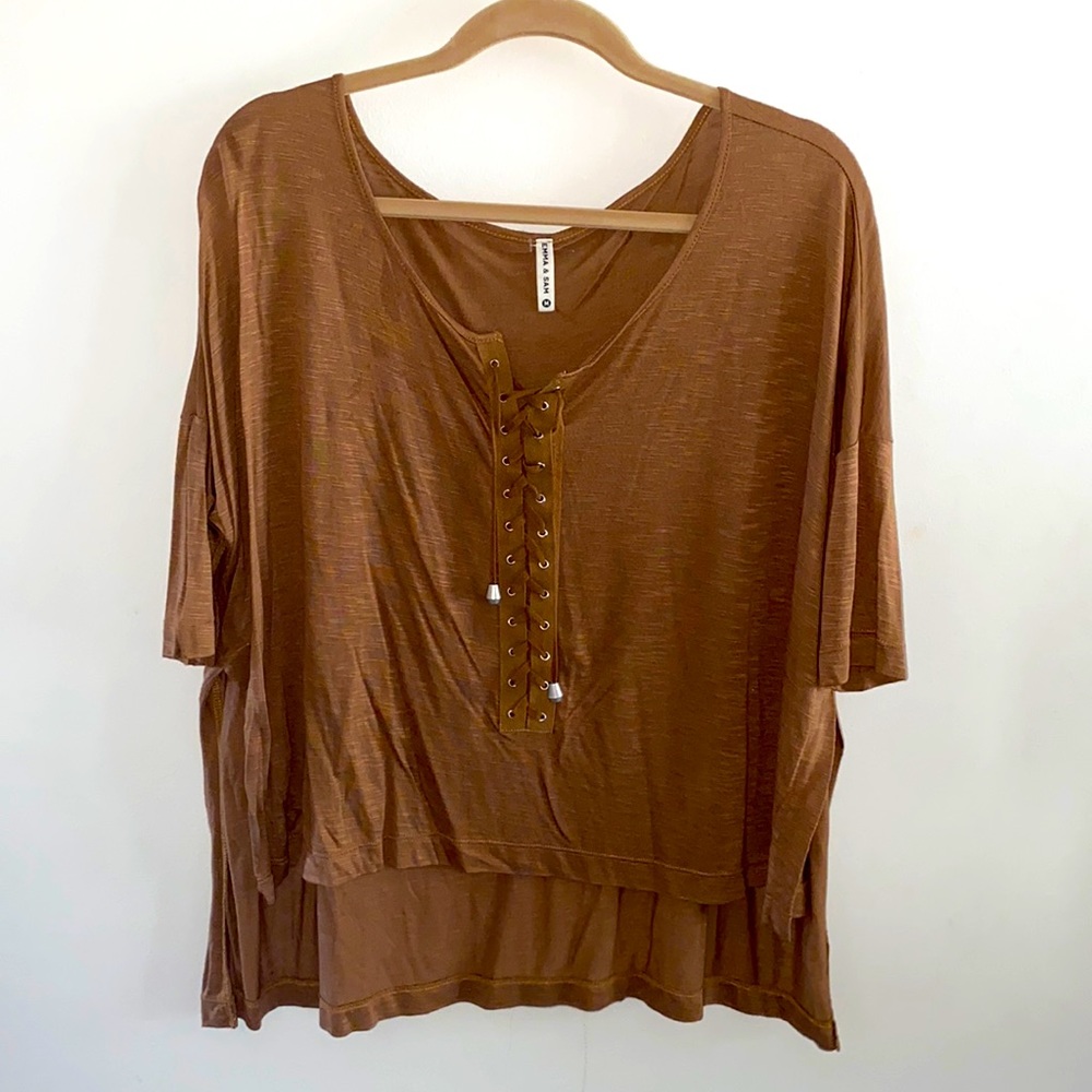 Emma & Sam: Brown Lace Up Short Sleeve Top